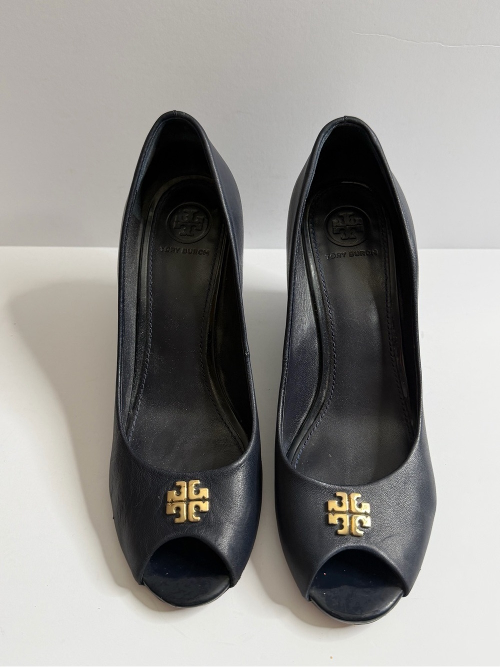 Tory Burch Navy blue Leather Peep-Toe Heels with Gold Logo